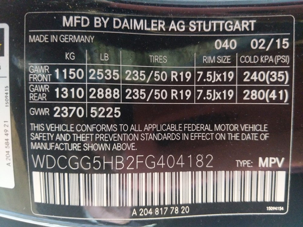 2015 Mercedes-Benz GLK350 - VIN Plate