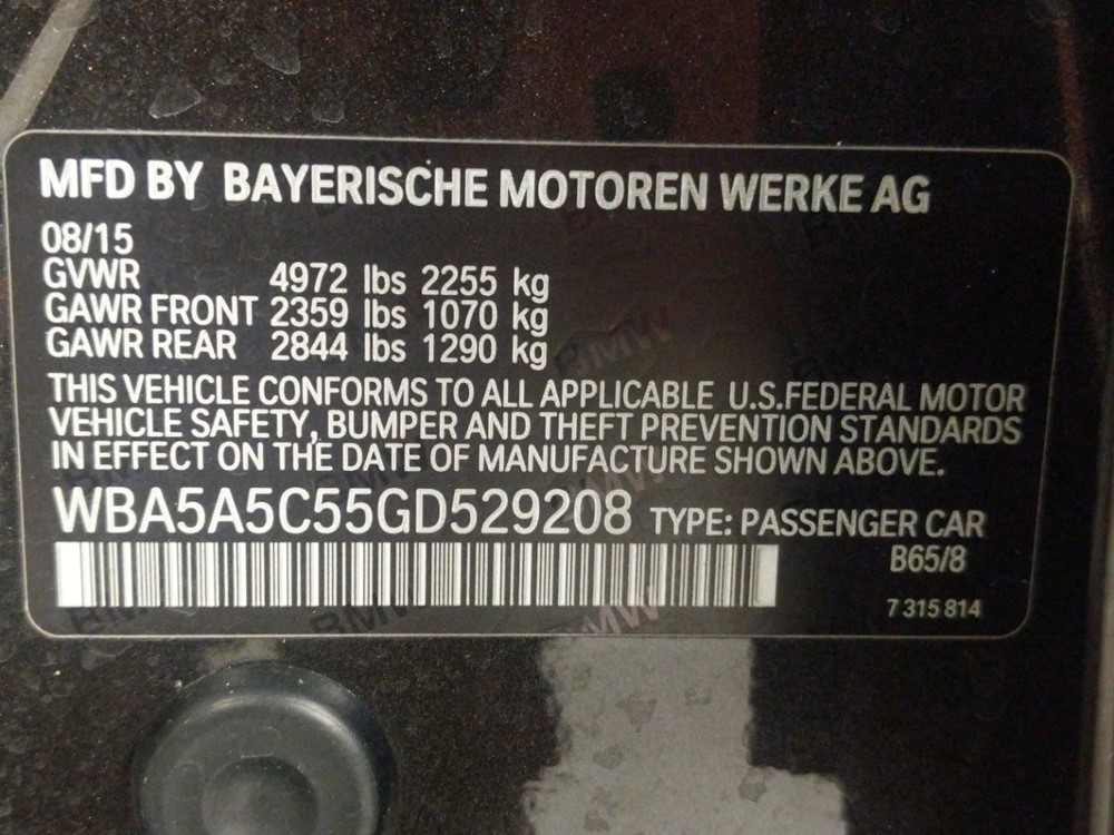 2016 BMW 528i - VIN Plate