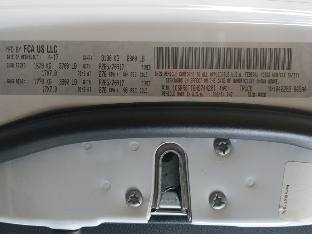 2017 Dodge Ram 1500 - VIN Plate