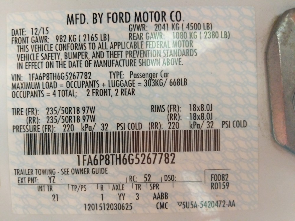 2016 Ford Mustang - VIN Plate