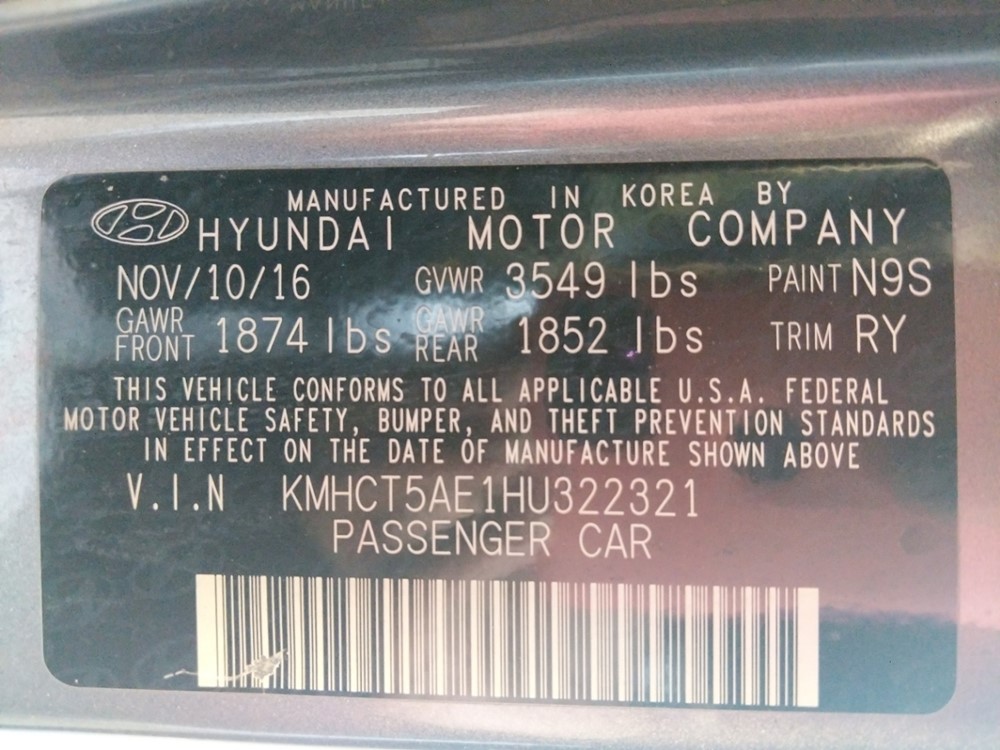 2017 Hyundai Accent - VIN Plate