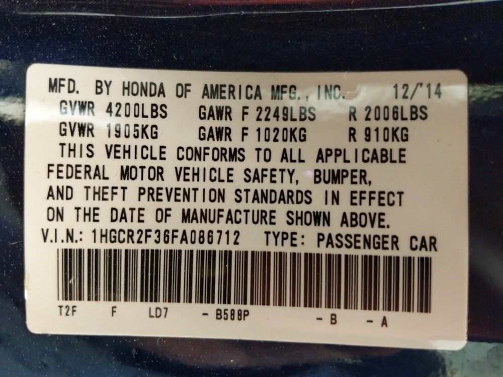 2015 Honda Accord - VIN Plate