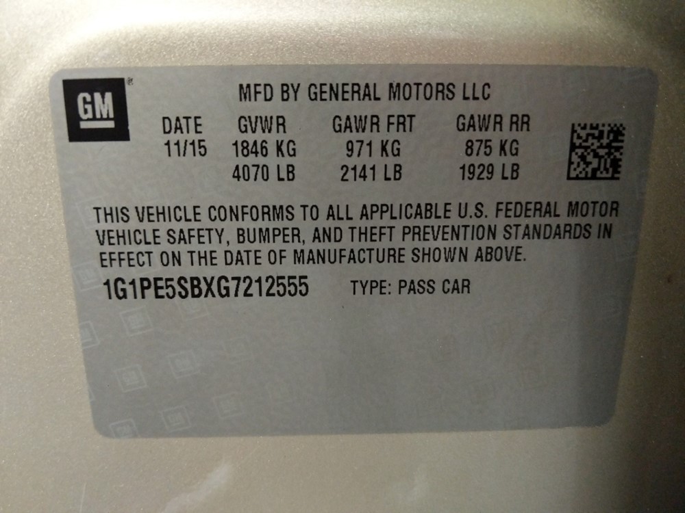 2016 Chevrolet Cruze - VIN Plate
