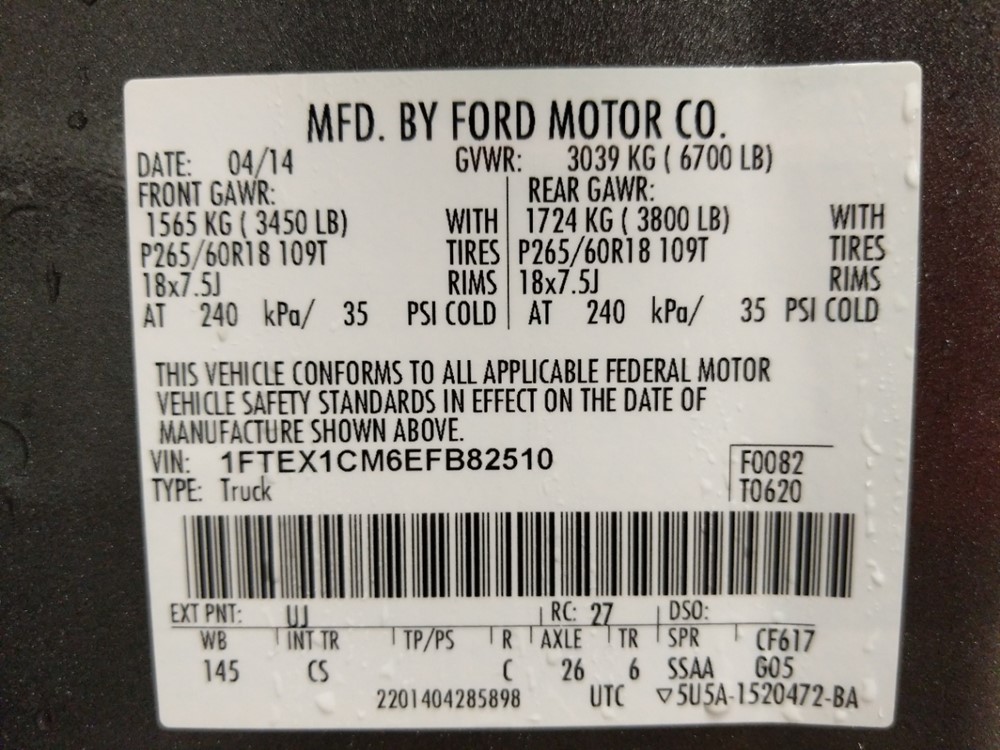 2014 Ford F-150 - VIN Plate