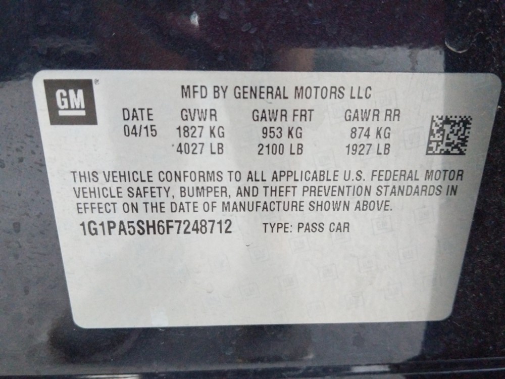 2015 Chevrolet Cruze - VIN Plate