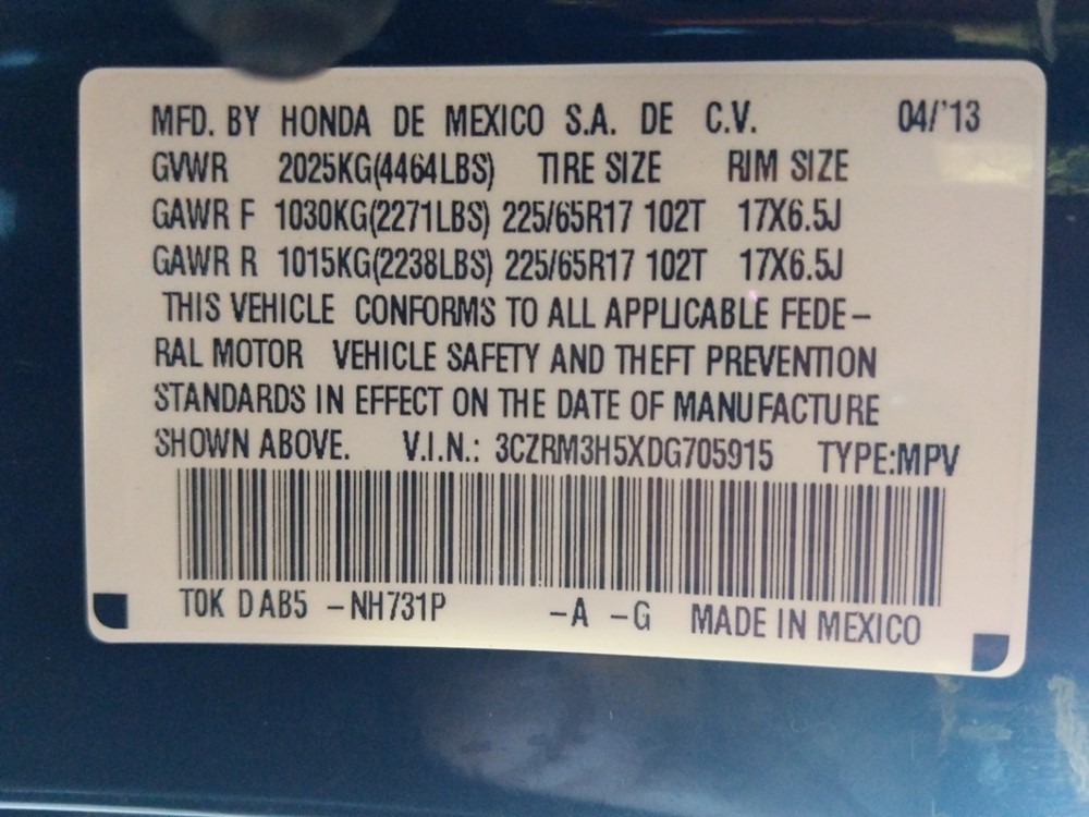 2013 Honda CR-V - VIN Plate