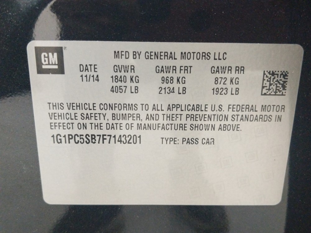 2015 Chevrolet Cruze - VIN Plate