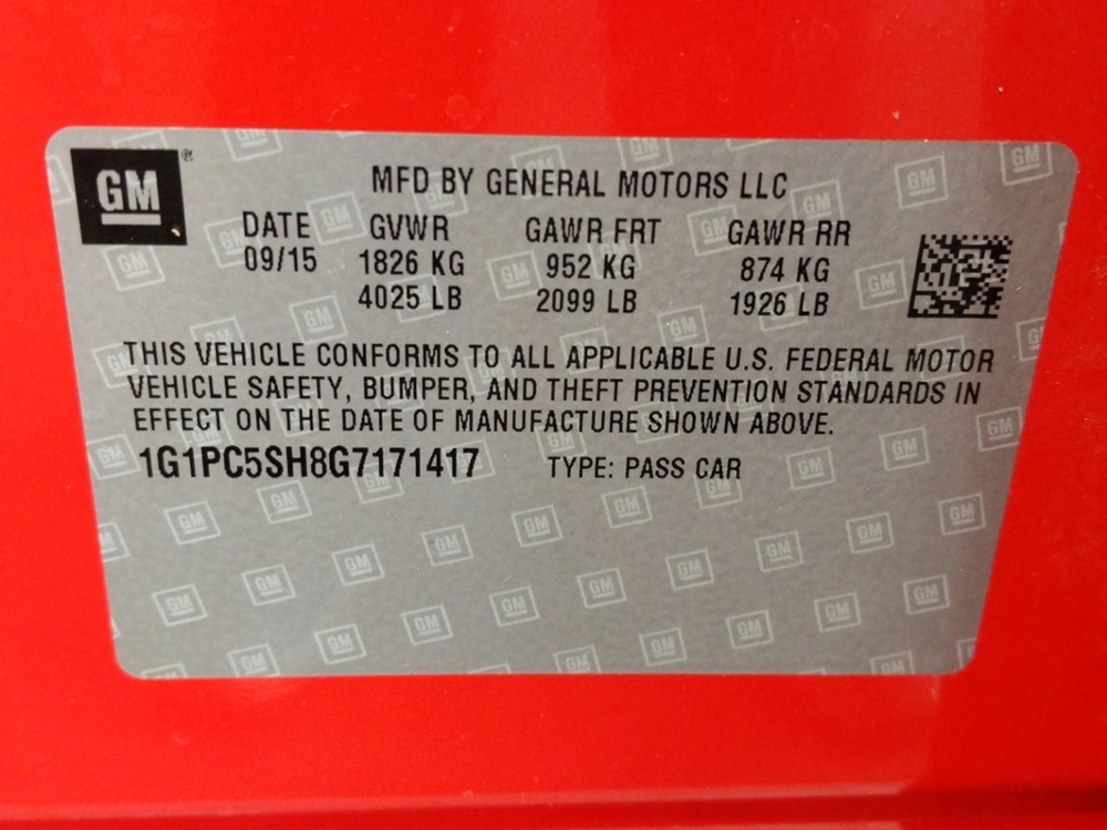 2016 Chevrolet Cruze - VIN Plate