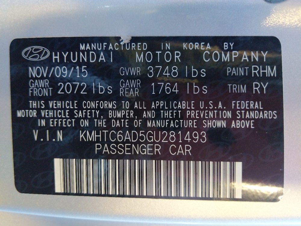 2016 Hyundai Veloster - VIN Plate