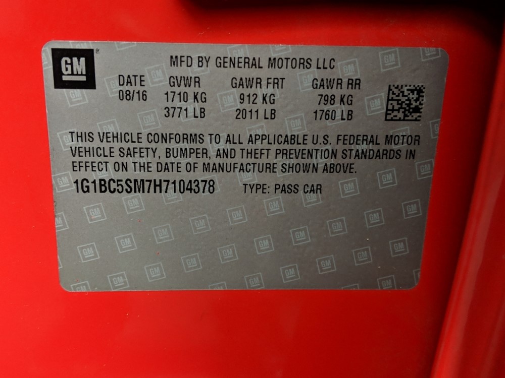 2017 Chevrolet Cruze - VIN Plate