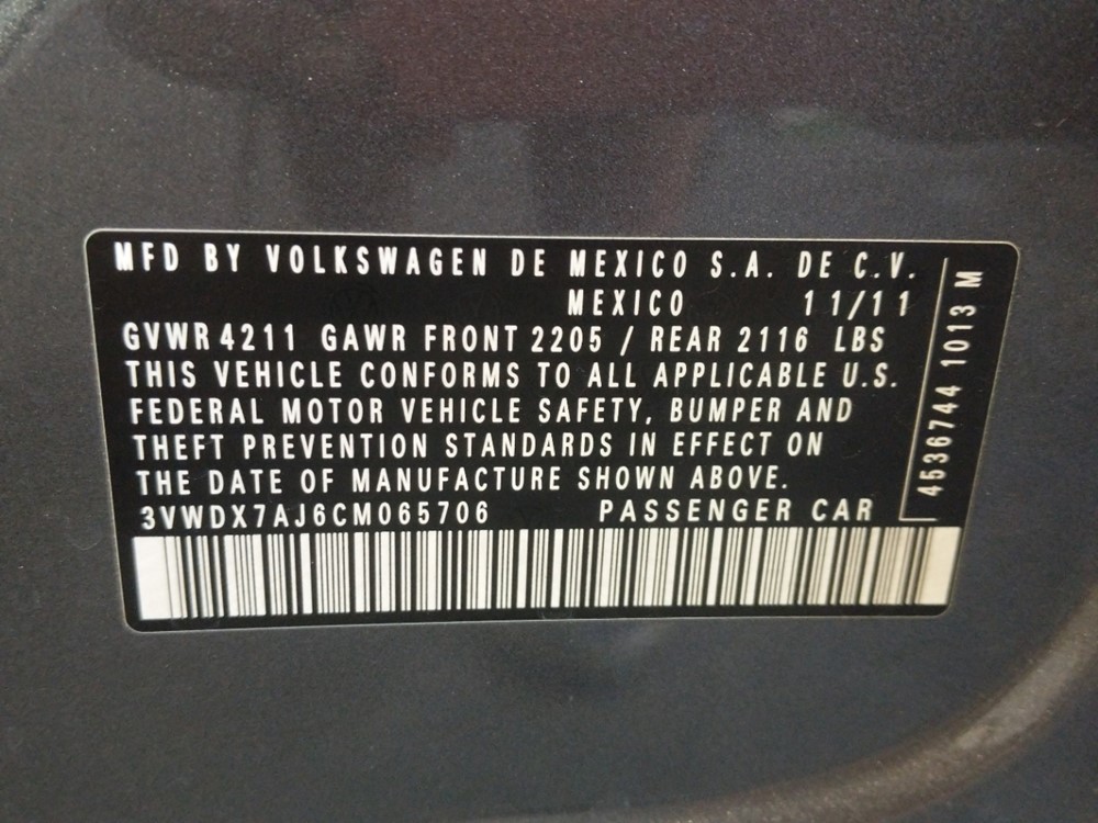 2012 Volkswagen Jetta - VIN Plate