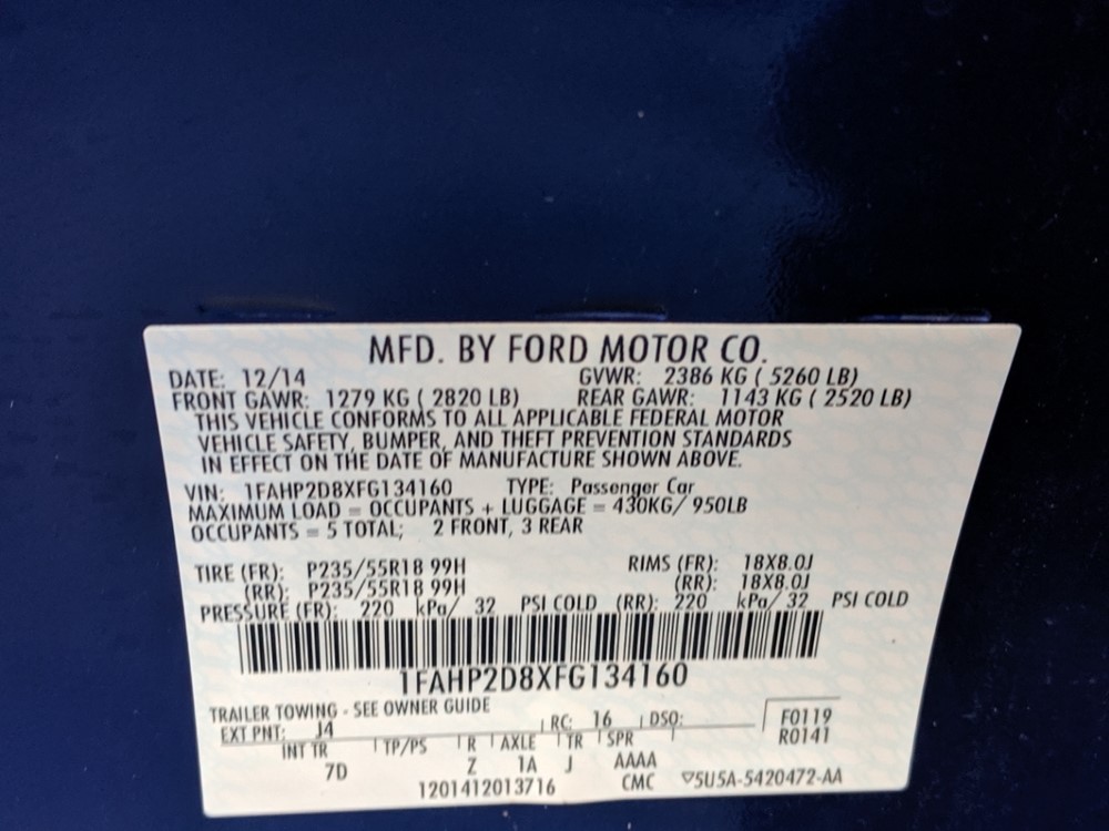 2015 Ford Taurus - VIN Plate