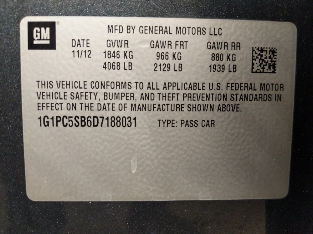 2013 Chevrolet Cruze - VIN Plate