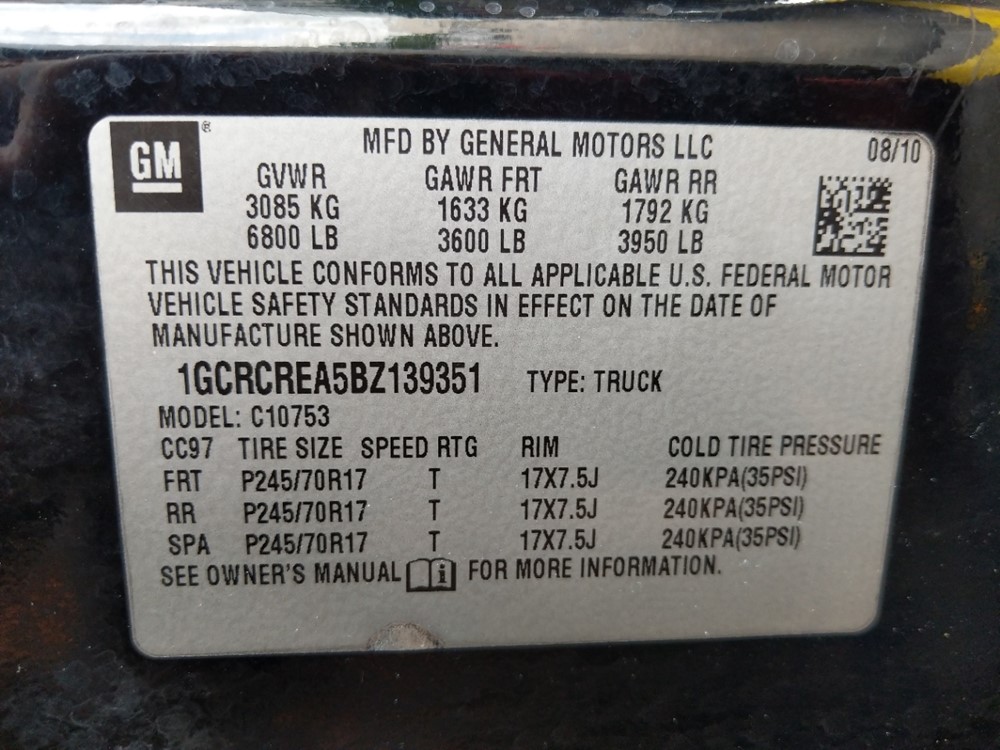 2011 Chevrolet Silverado 1500 - VIN Plate