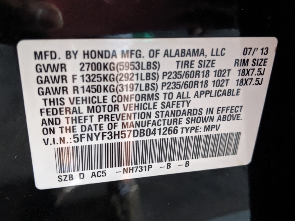 2013 Honda Pilot - VIN Plate