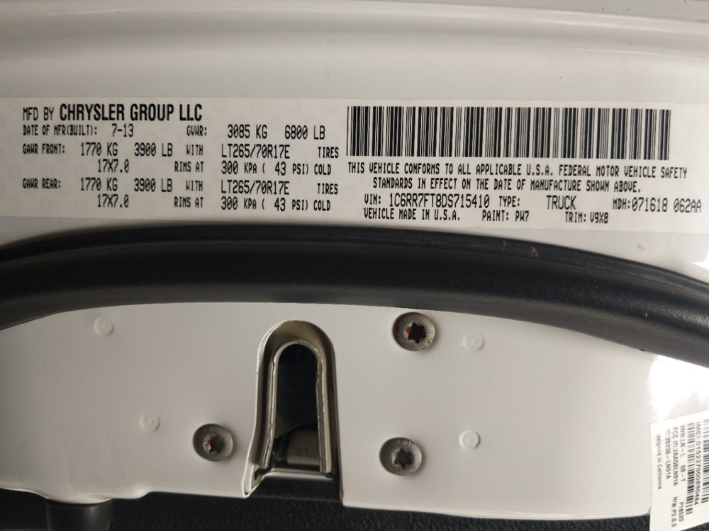 2013 Dodge Ram 1500 - VIN Plate