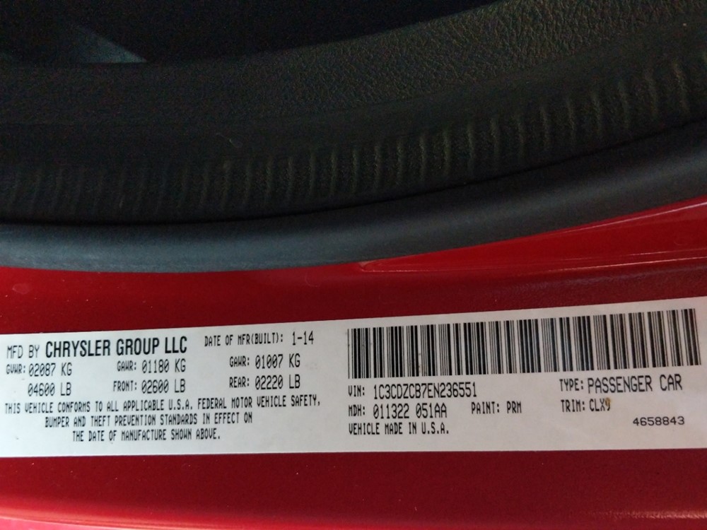 2014 Dodge Avenger - VIN Plate
