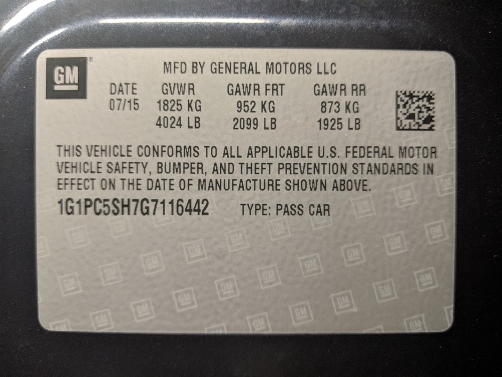 2016 Chevrolet Cruze - VIN Plate