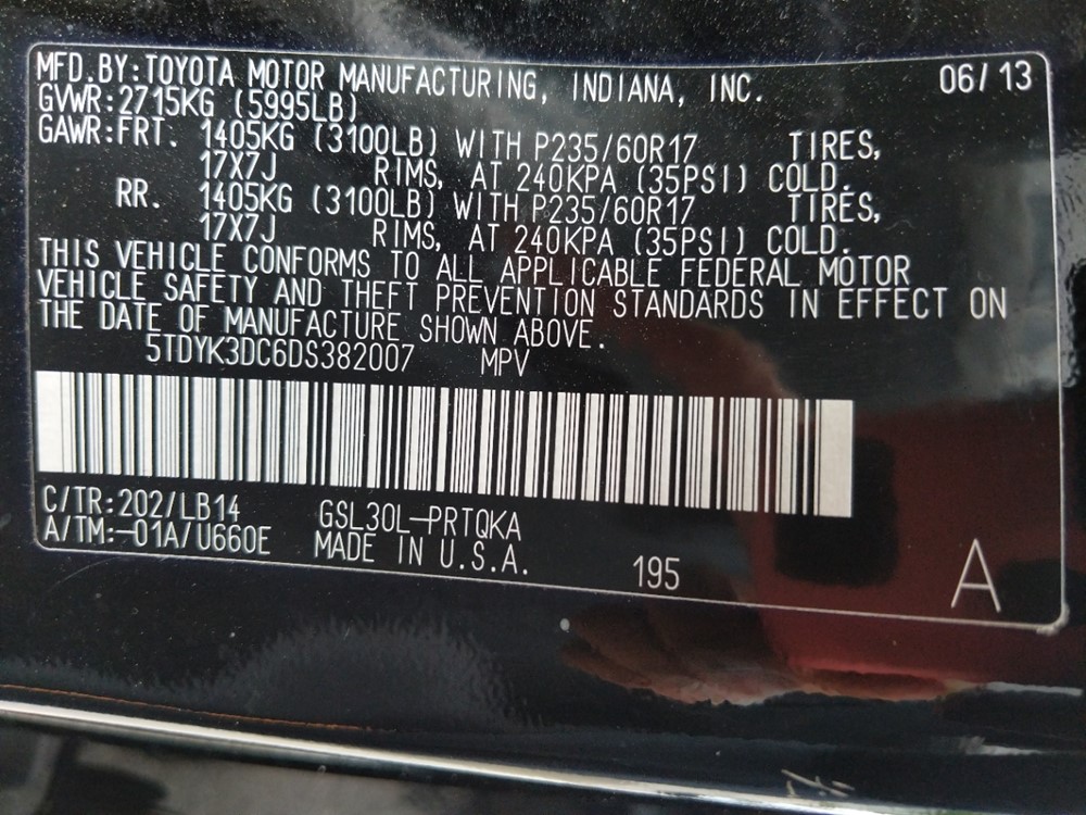 2013 Toyota Sienna - VIN Plate