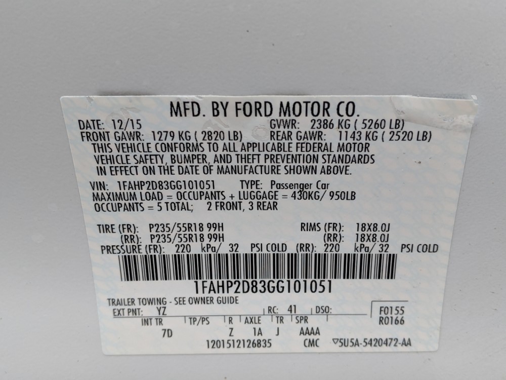 2016 Ford Taurus - VIN Plate