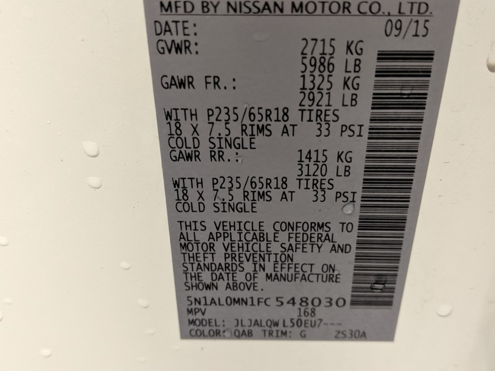 2015 INFINITI QX60 - VIN Plate