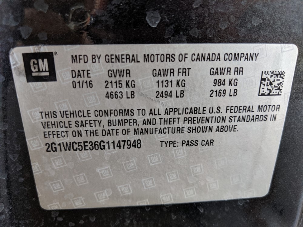 2016 Chevrolet Impala - VIN Plate