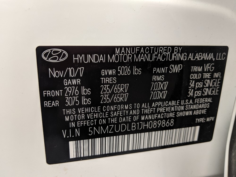 2018 Hyundai Santa Fe - VIN Plate
