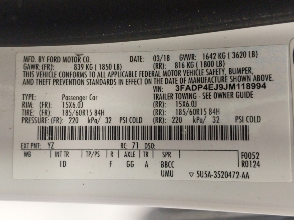 2018 Ford Fiesta - VIN Plate