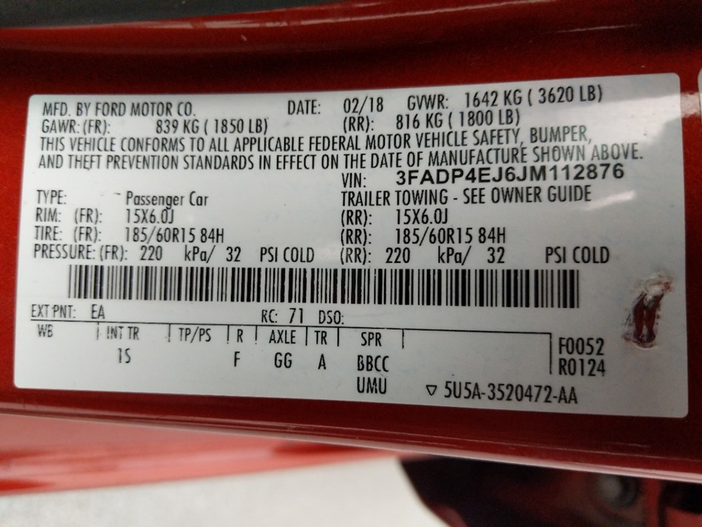 2018 Ford Fiesta - VIN Plate