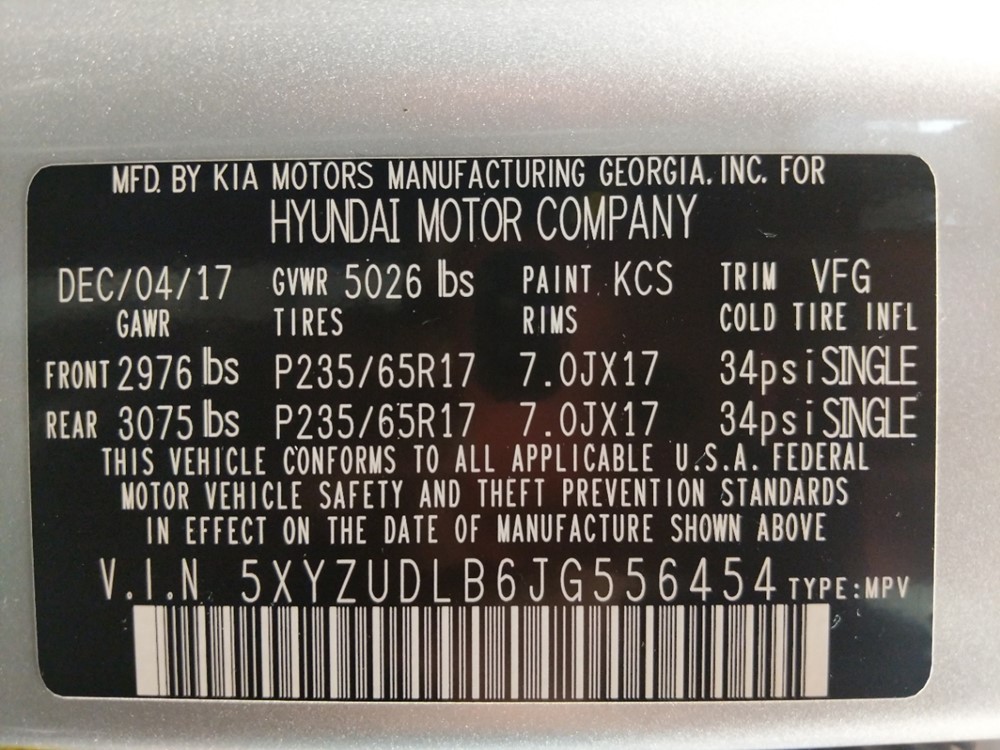 2018 Hyundai Santa Fe - VIN Plate