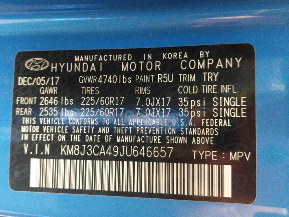 2018 Hyundai Tucson - VIN Plate