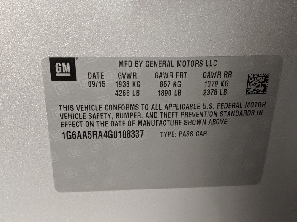 2016 Cadillac ATS - VIN Plate