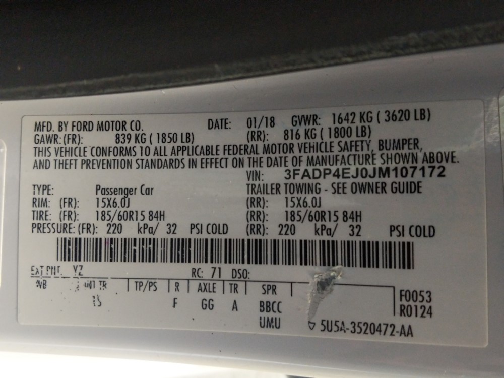 2018 Ford Fiesta - VIN Plate