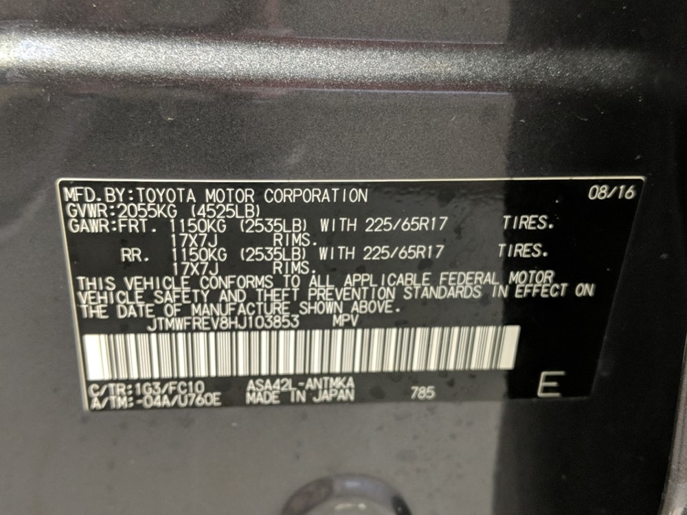2017 Toyota RAV4 - VIN Plate