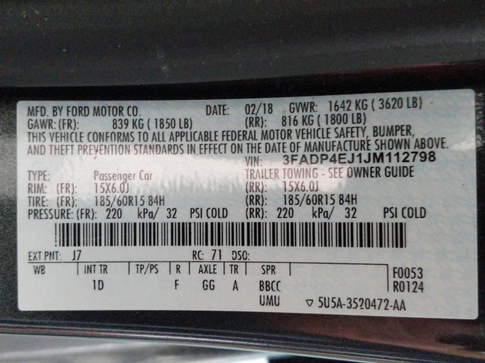 2018 Ford Fiesta - VIN Plate