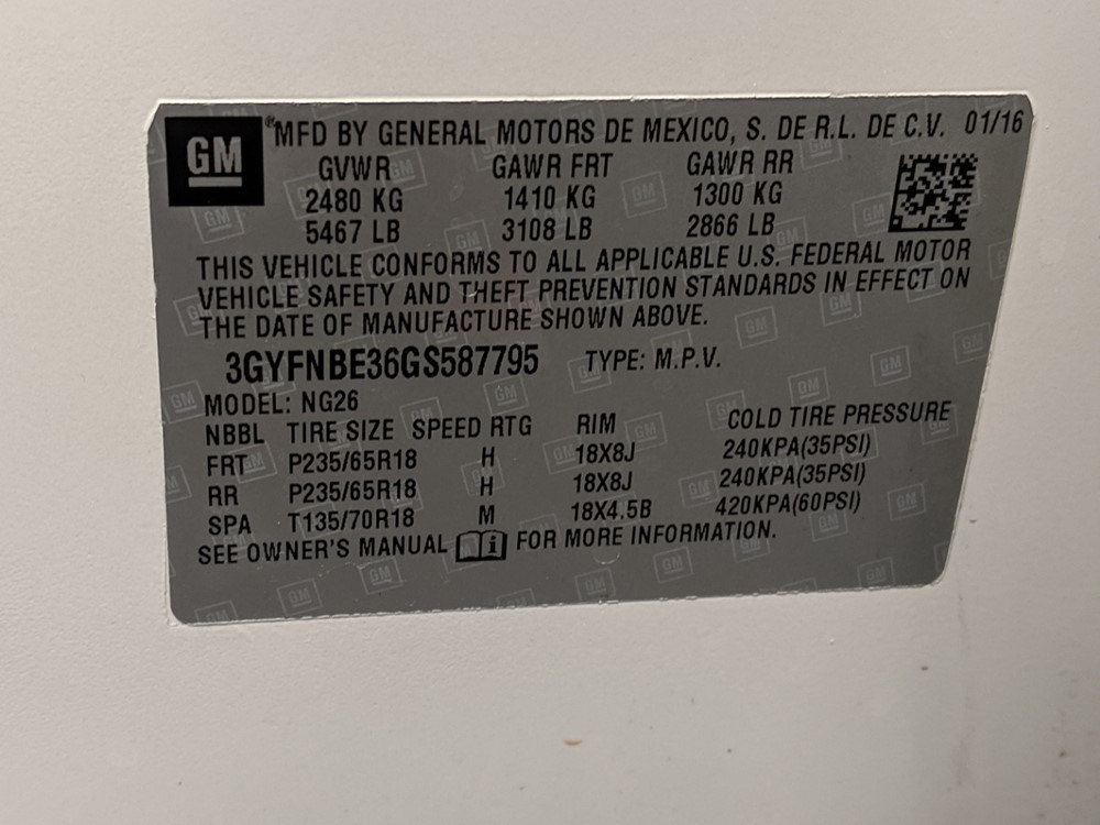 2016 Cadillac SRX - VIN Plate