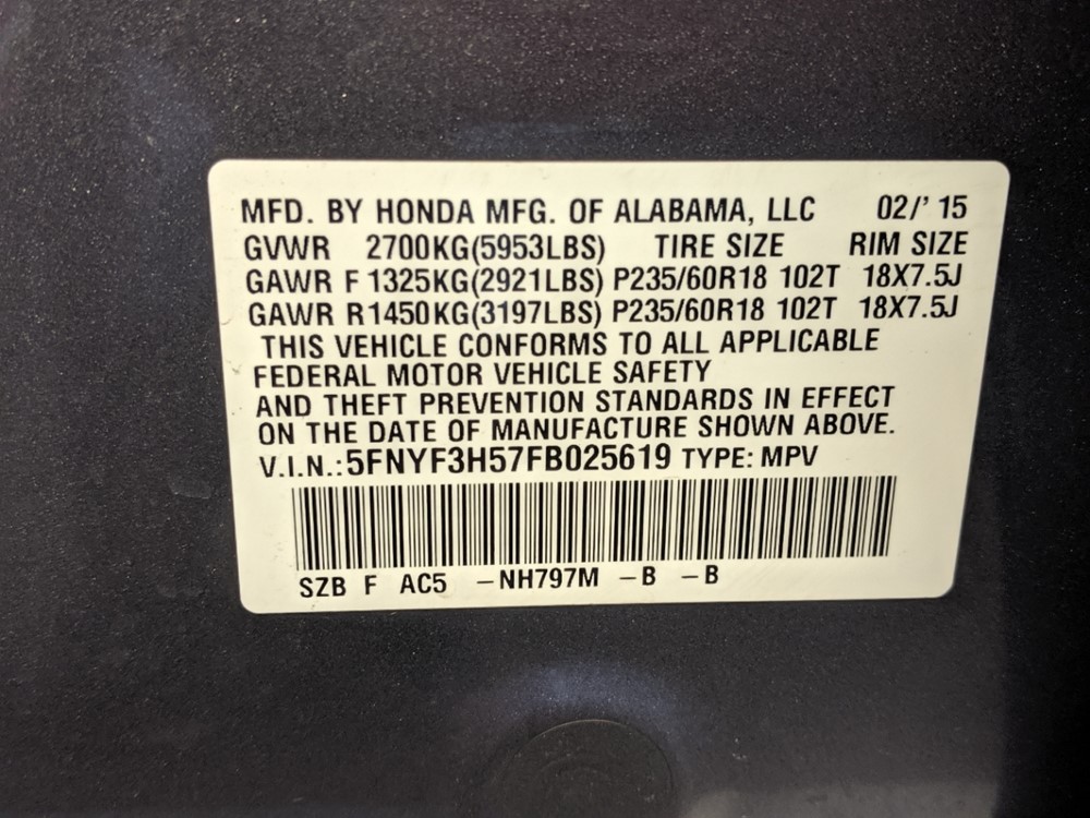2015 Honda Pilot - VIN Plate