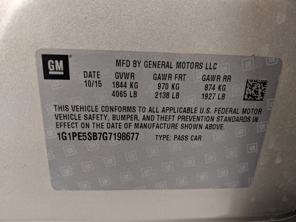 2016 Chevrolet Cruze - VIN Plate