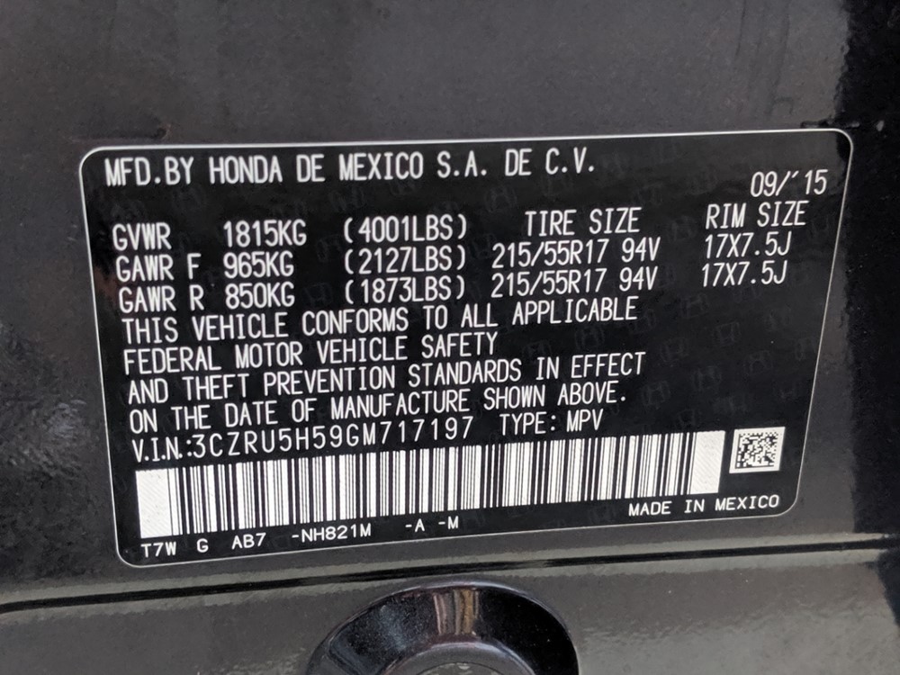 2016 Honda HR-V - VIN Plate