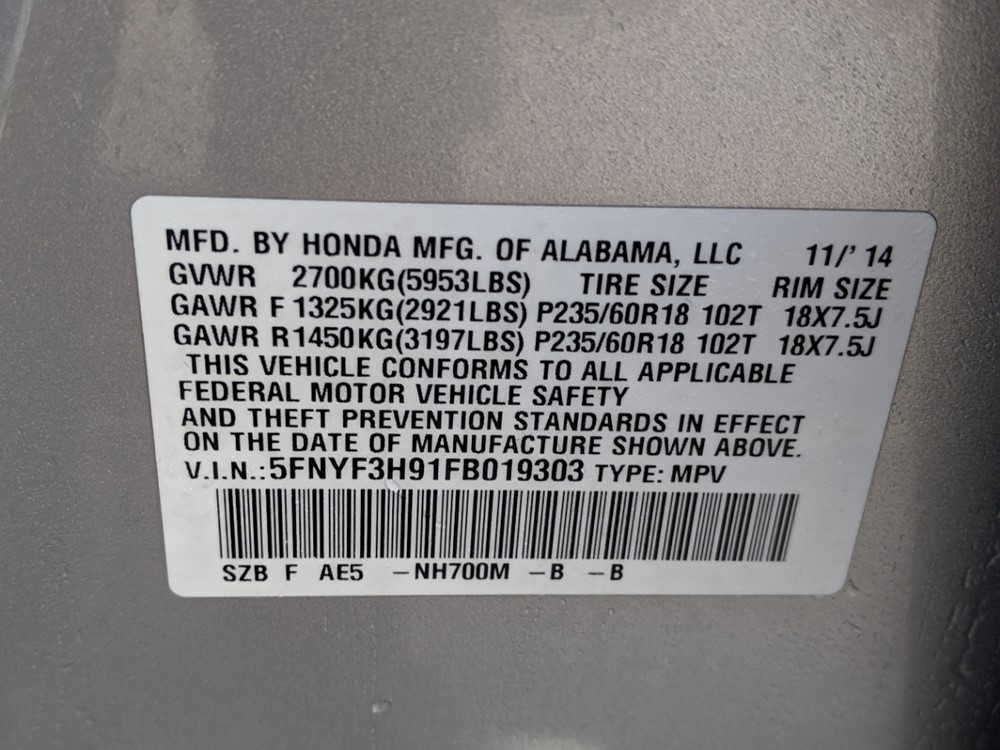 2015 Honda Pilot - VIN Plate