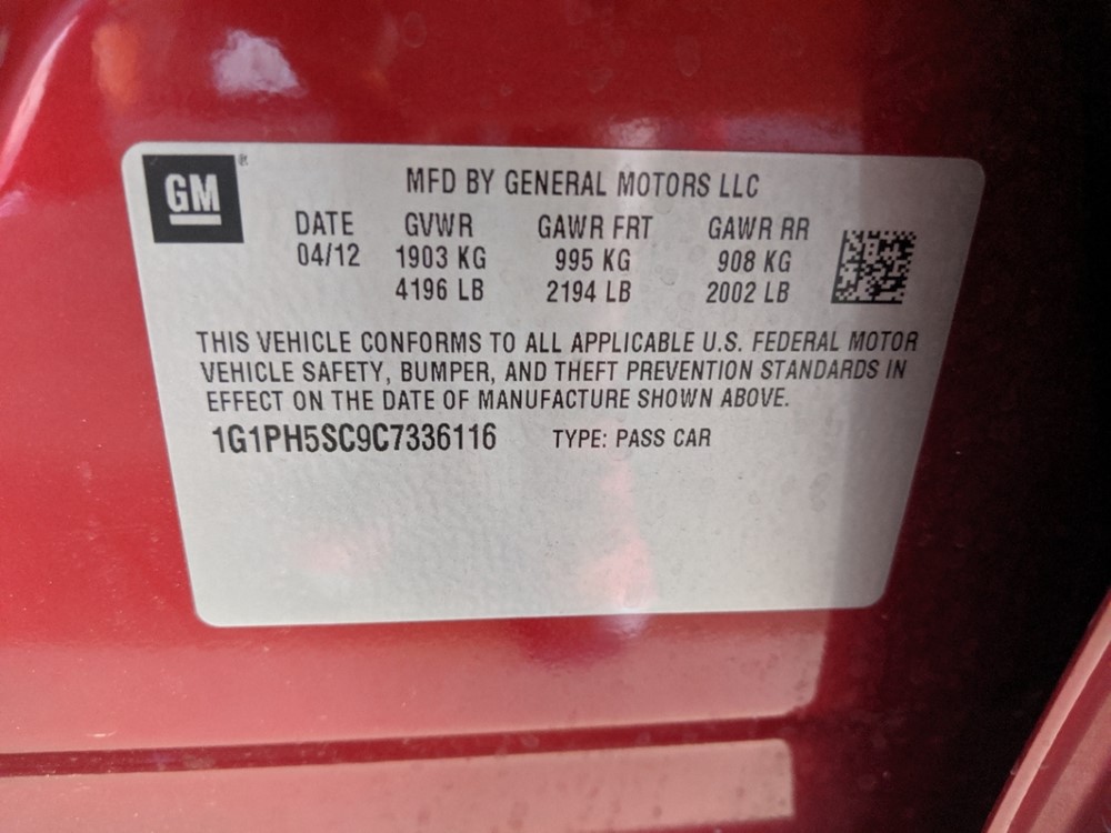 2012 Chevrolet Cruze - VIN Plate