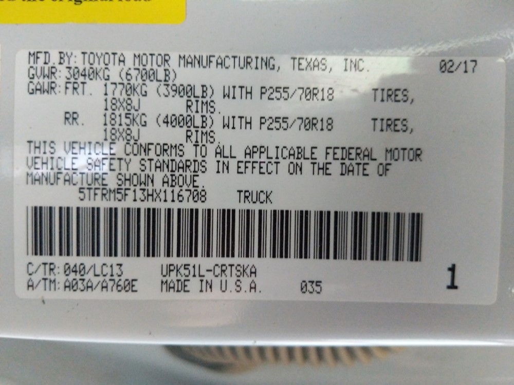 2017 Toyota Tundra - VIN Plate