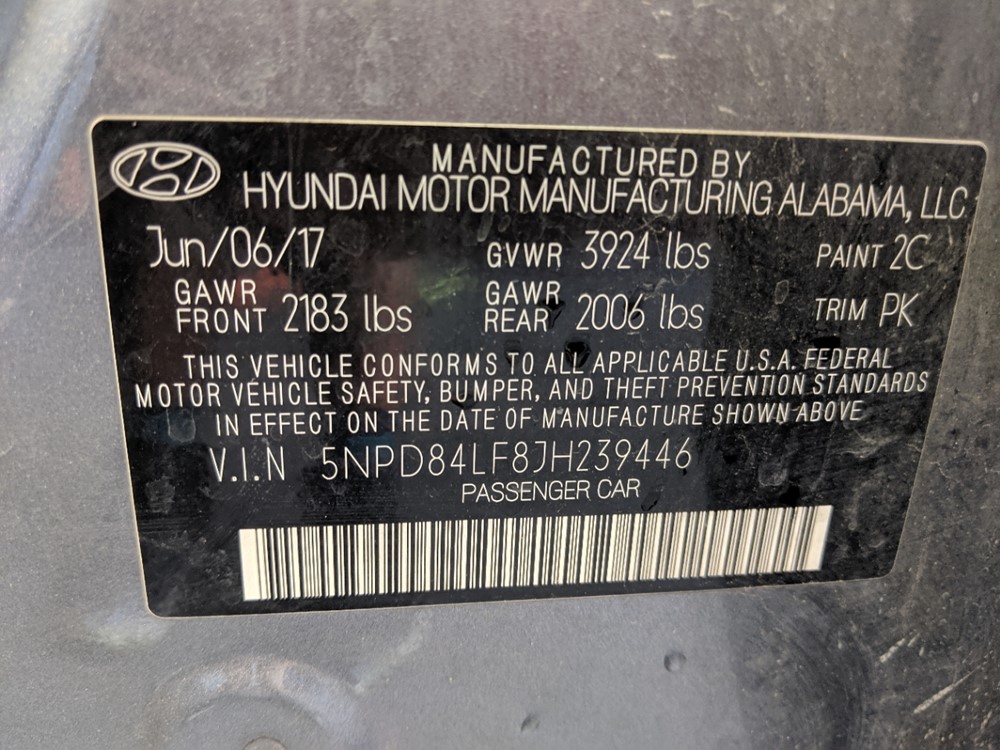 2018 Hyundai Elantra - VIN Plate