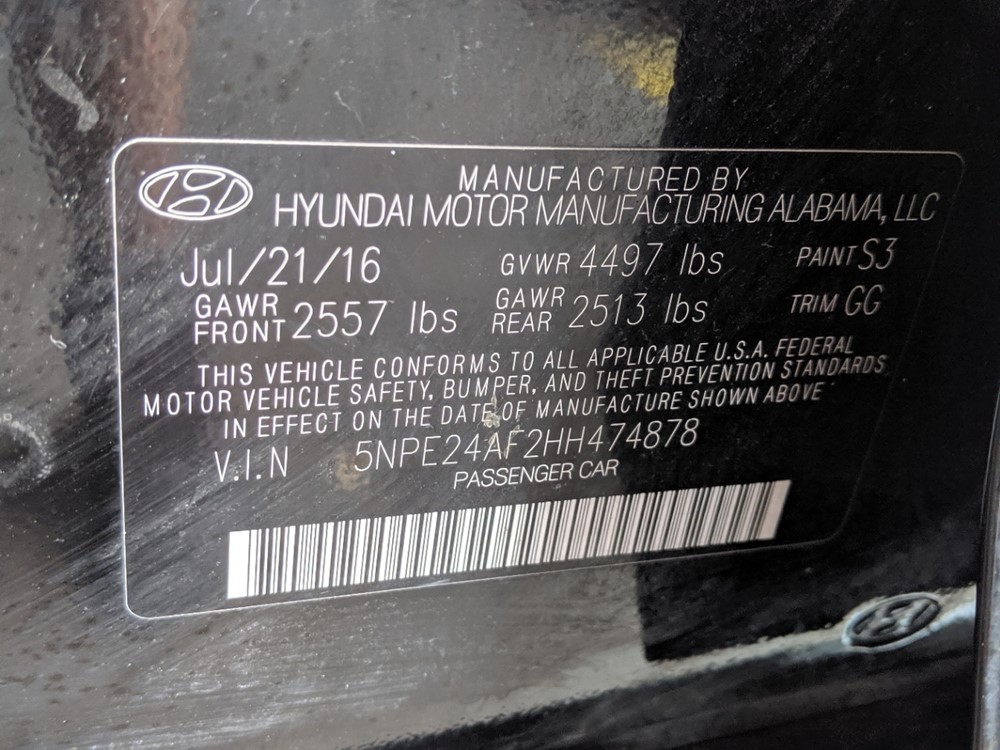 2017 Hyundai Sonata - VIN Plate