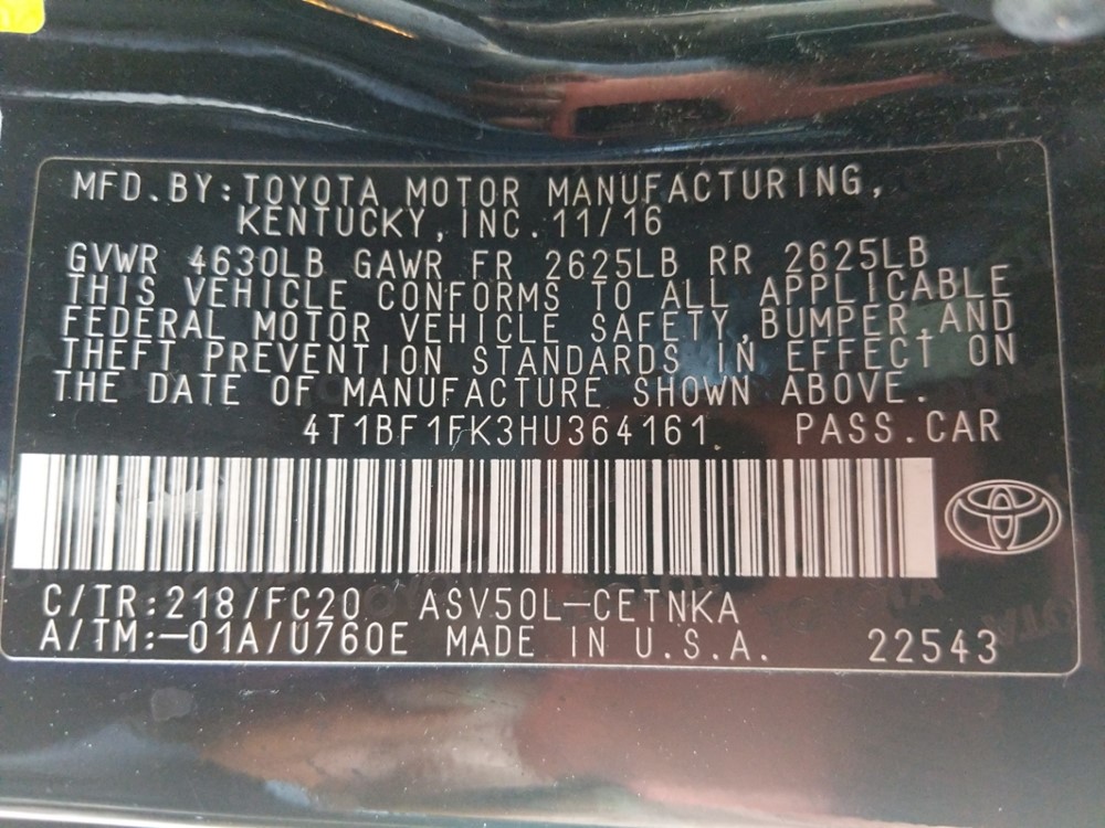 2017 Toyota Camry - VIN Plate