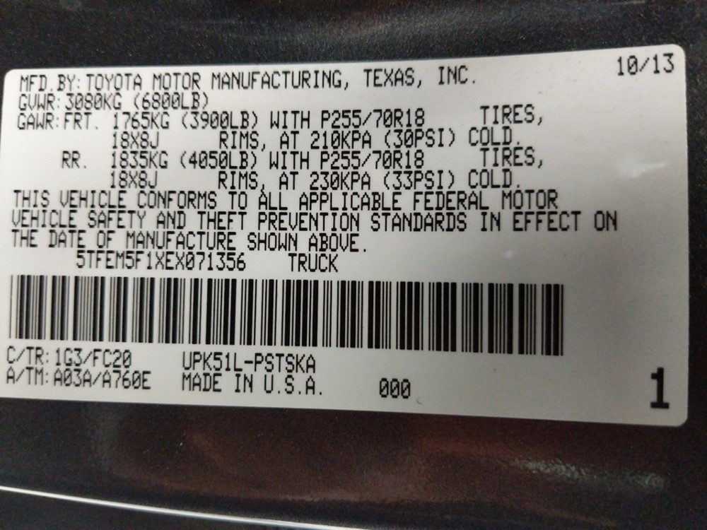 2014 Toyota Tundra - VIN Plate