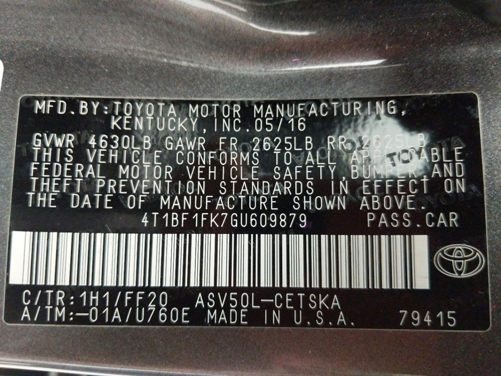 2016 Toyota Camry - VIN Plate