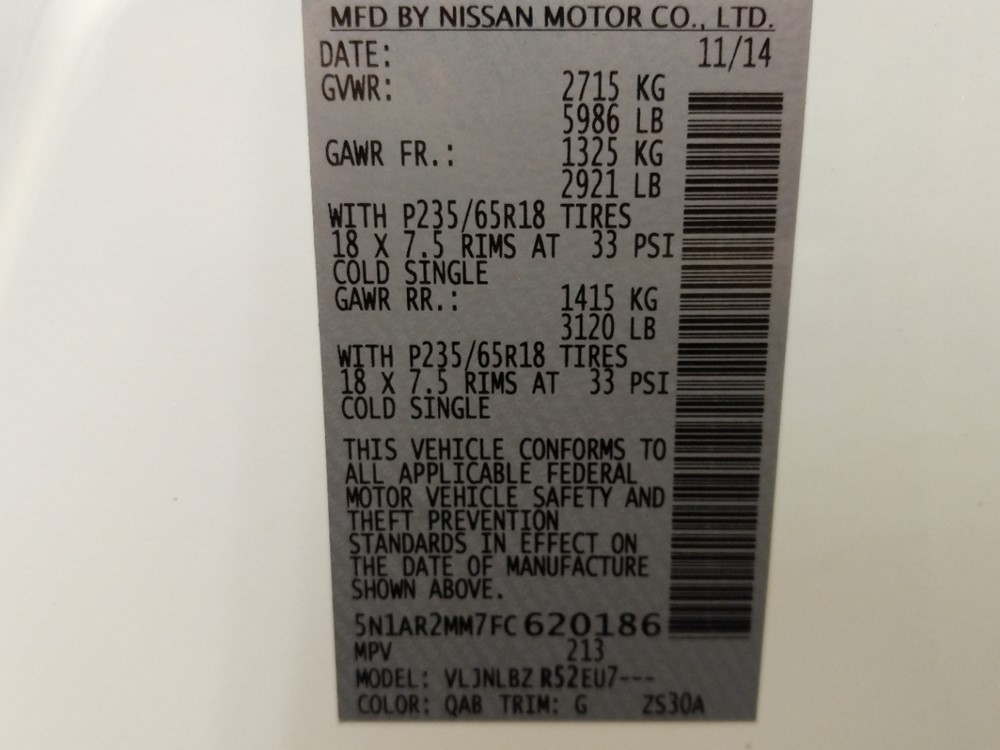 2015 Nissan Pathfinder - VIN Plate