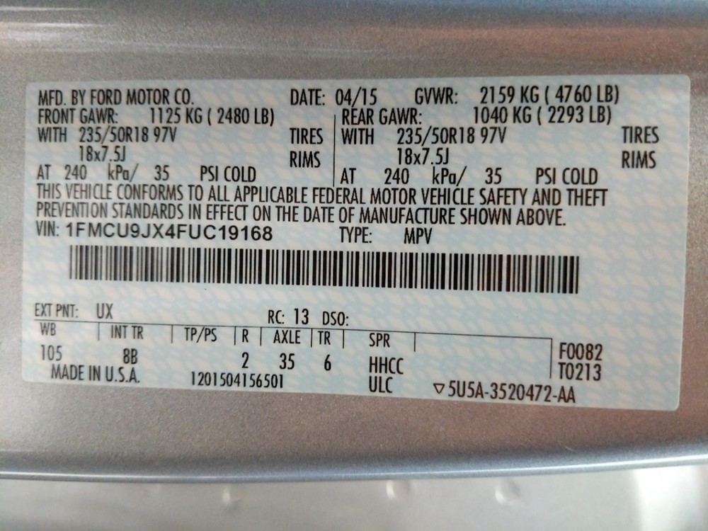 2015 Ford Escape - VIN Plate