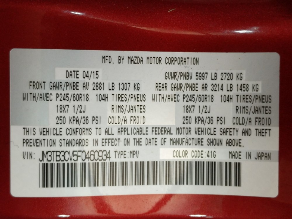 2015 Mazda CX-9 - VIN Plate